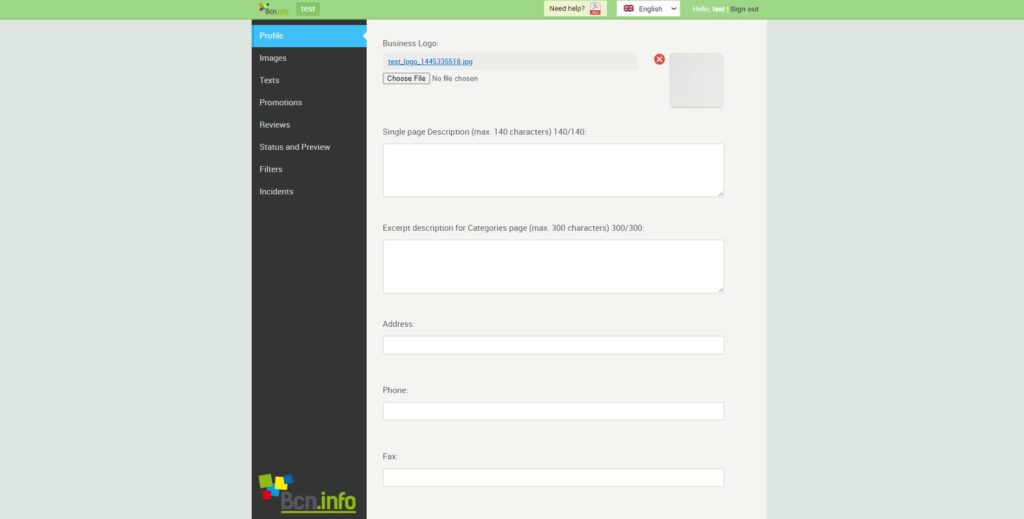 Captura de pantalla de aplicación de backend para la gestión de contenidos de la página web